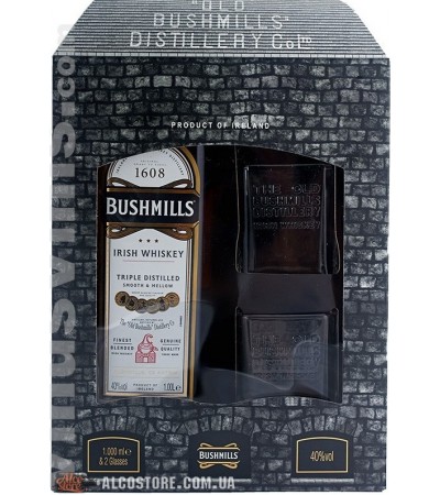Виски Bushmills Бушмиллс 6 лет в коробке 1л + 2 стакана 
